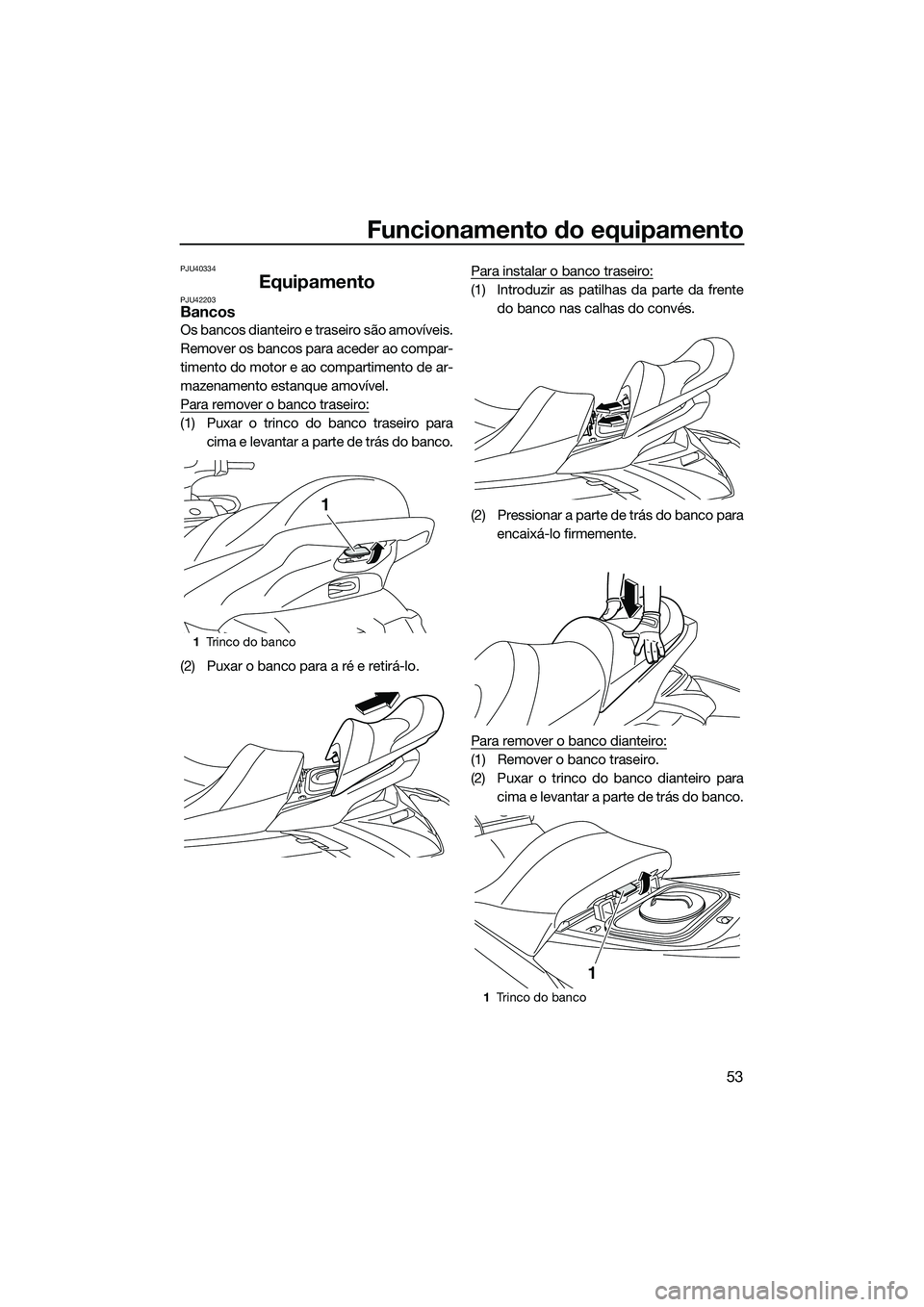 YAMAHA FX SVHO 2014  Manual de utilização (in Portuguese) Funcionamento do equipamento
53
PJU40334
EquipamentoPJU42203Bancos
Os bancos dianteiro e traseiro são amovíveis.
Remover os bancos para aceder ao compar-
timento do motor e ao compartimento de ar-
m