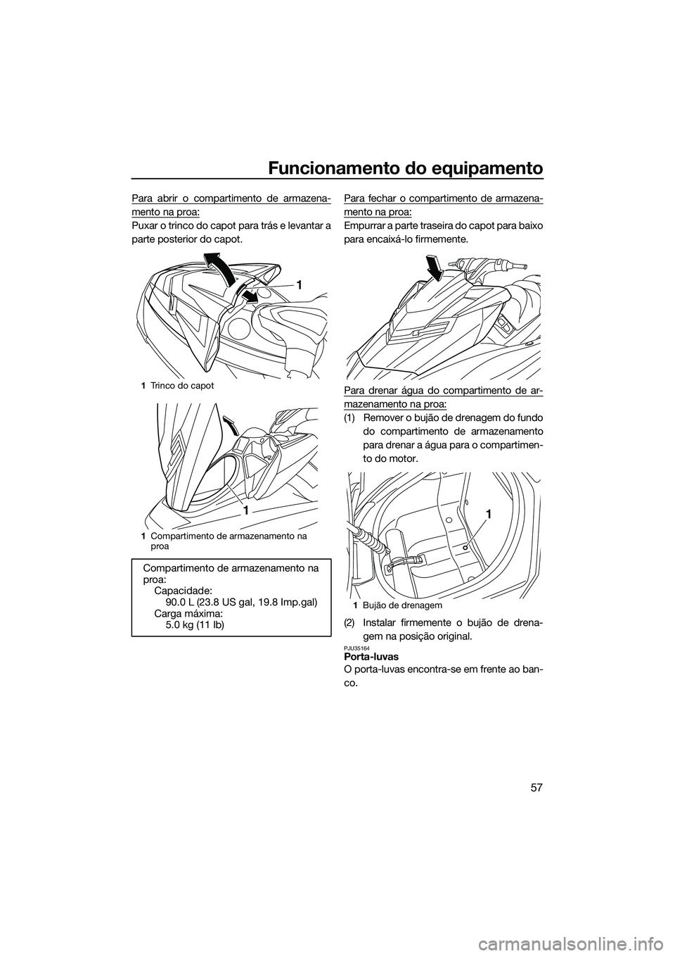 YAMAHA FX SVHO 2014  Manual de utilização (in Portuguese) Funcionamento do equipamento
57
Para abrir o compartimento de armazena-
mento na proa:
Puxar o trinco do capot para trás e levantar a
parte posterior do capot.Para fechar o compartimento de armazena-