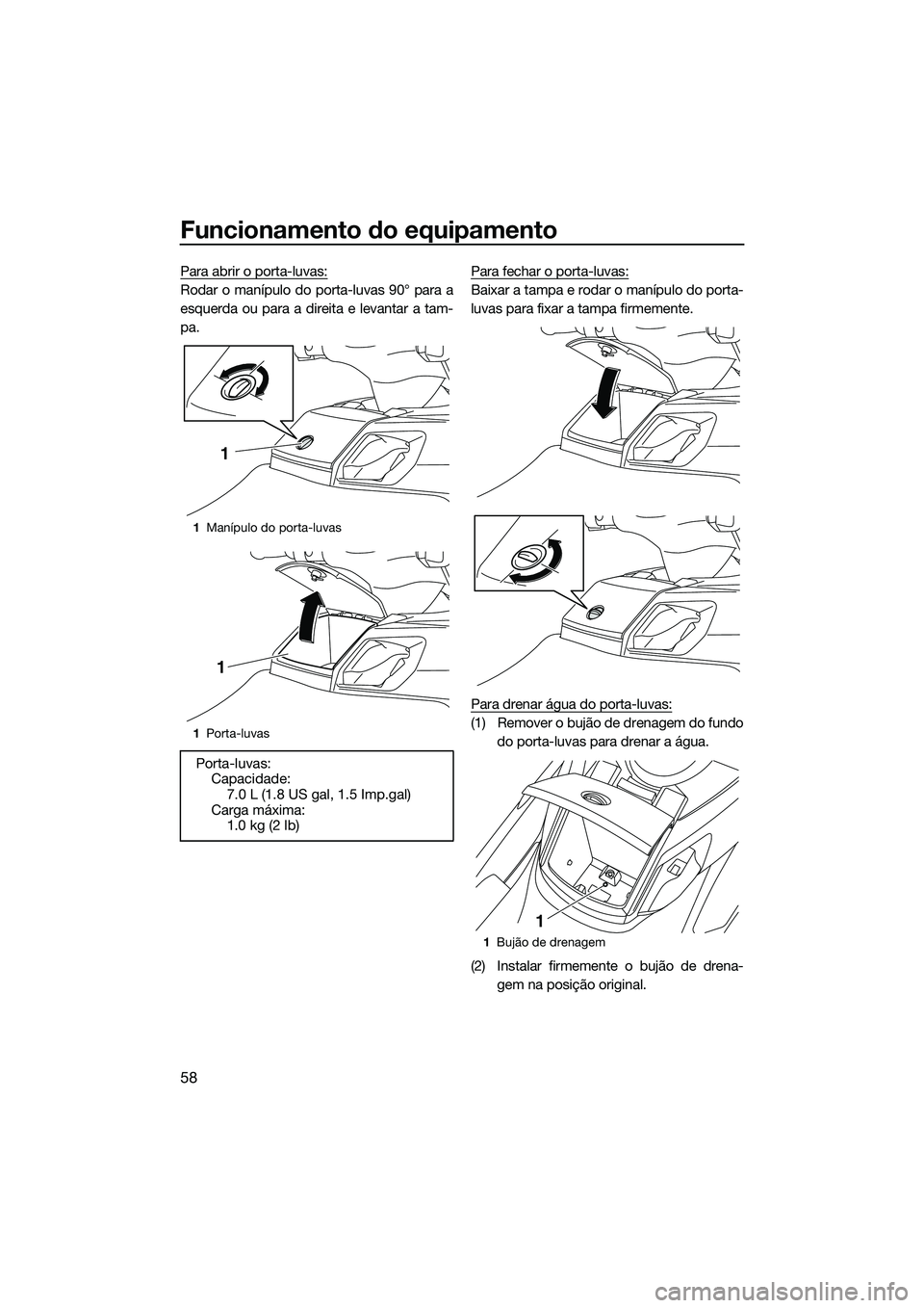 YAMAHA FX SVHO 2014  Manual de utilização (in Portuguese) Funcionamento do equipamento
58
Para abrir o porta-luvas:
Rodar o manípulo do porta-luvas 90° para a
esquerda ou para a direita e levantar a tam-
pa.Para fechar o porta-luvas:Baixar a tampa e rodar 