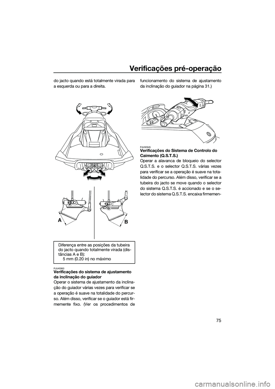 YAMAHA FX SVHO 2014  Manual de utilização (in Portuguese) Verificações pré-operação
75
do jacto quando está totalmente virada para
a esquerda ou para a direita.
PJU40363Verificações do sistema de ajustamento 
da inclinação do guiador
Operar o siste