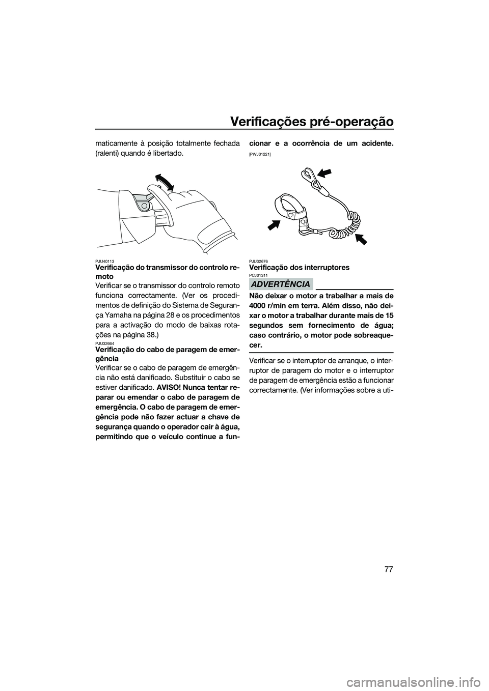 YAMAHA FX SVHO 2014  Manual de utilização (in Portuguese) Verificações pré-operação
77
maticamente à posição totalmente fechada
(ralenti) quando é libertado.
PJU40113Verificação do transmissor do controlo re-
moto
Verificar se o transmissor do con