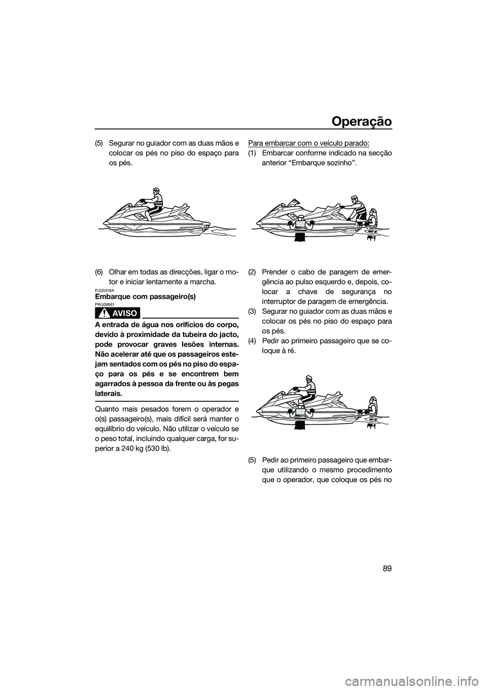 YAMAHA FX SVHO 2014  Manual de utilização (in Portuguese) Operação
89
(5) Segurar no guiador com as duas mãos ecolocar os pés no piso do espaço para
os pés.
(6) Olhar em todas as direcções, ligar o mo- tor e iniciar lentamente a marcha.
PJU3316AEmbar