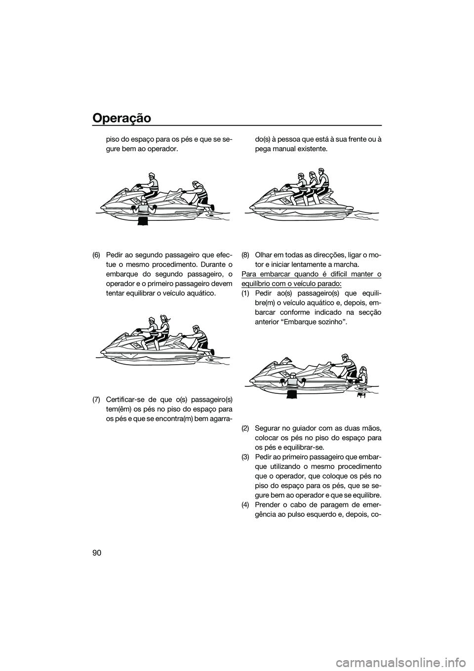 YAMAHA FX SVHO 2014  Manual de utilização (in Portuguese) Operação
90
piso do espaço para os pés e que se se-
gure bem ao operador.
(6) Pedir ao segundo passageiro que efec- tue o mesmo procedimento. Durante o
embarque do segundo passageiro, o
operador e