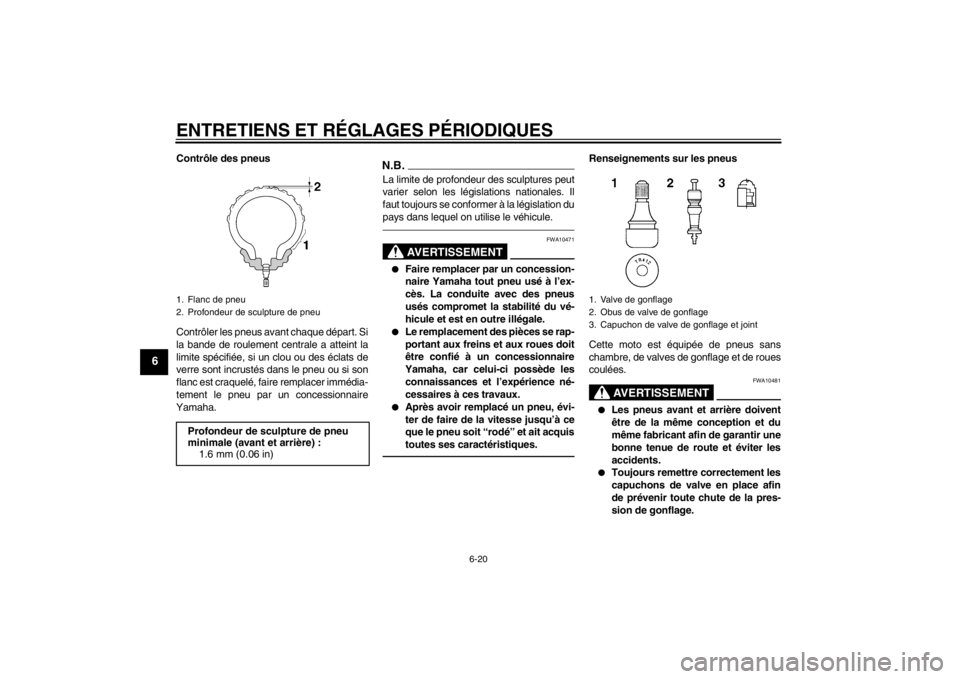 YAMAHA FZ1-N 2012  Notices Demploi (in French) ENTRETIENS ET RÉGLAGES PÉRIODIQUES
6-20
6
Contrôle des pneus
Contrôler les pneus avant chaque départ. Si
la bande de roulement centrale a atteint la
limite spécifiée, si un clou ou des éclats 