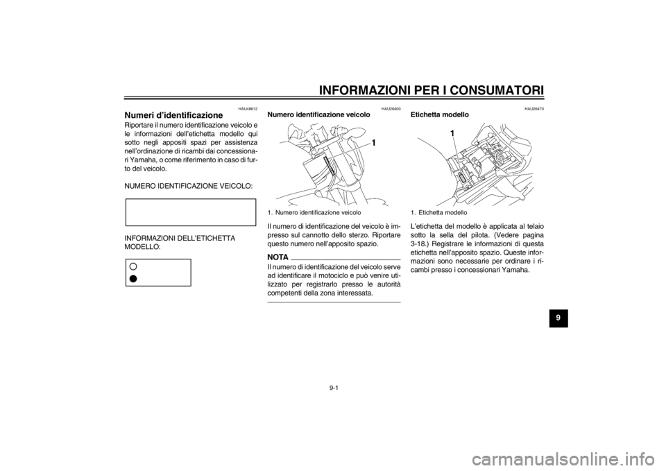 YAMAHA FZ1-N 2012  Manuale duso (in Italian) INFORMAZIONI PER I CONSUMATORI
9-1
9
HAU48612
Numeri d’identificazione Riportare il numero identificazione veicolo e
le informazioni dell’etichetta modello qui
sotto negli appositi spazi per assis