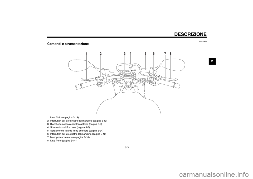 YAMAHA FZ1-N 2012  Manuale duso (in Italian) DESCRIZIONE
2-3
2
HAU10430
Comandi e strumentazione
1
2
3
4
6
5
7
8
1. Leva frizione (pagina 3-13)
2. Interruttori sul lato sinistro del manubrio (pagina 3-12)
3. Blocchetto accensione/bloccasterzo (p