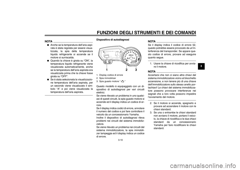 YAMAHA FZ1-N 2012  Manuale duso (in Italian) FUNZIONI DEGLI STRUMENTI E DEI COMANDI
3-10
3
NOTA●
Anche se la temperatura dell’aria aspi-
rata è stata regolata per essere visua-
lizzata, la spia della temperatura
liquido refrigerante si acce