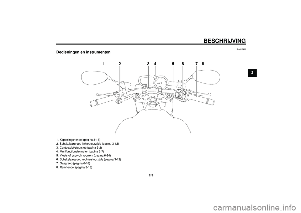YAMAHA FZ1-N 2012  Instructieboekje (in Dutch) BESCHRIJVING
2-3
2
DAU10430
Bedieningen en instrumenten
1
2
3
4
6
5
7
8
1. Koppelingshendel (pagina 3-13)
2. Schakelaargroep linkerstuurzijde (pagina 3-12)
3. Contactslot/stuurslot (pagina 3-2)
4. Mul