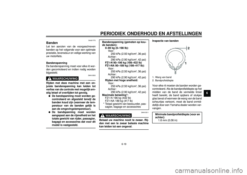 YAMAHA FZ1-N 2012  Instructieboekje (in Dutch) PERIODIEK ONDERHOUD EN AFSTELLINGEN
6-19
6
DAU21775
Banden Let ten aanzien van de voorgeschreven
banden op het volgende voor een optimale
prestatie, levensduur en veilige werking van
uw motorfiets.
Ba