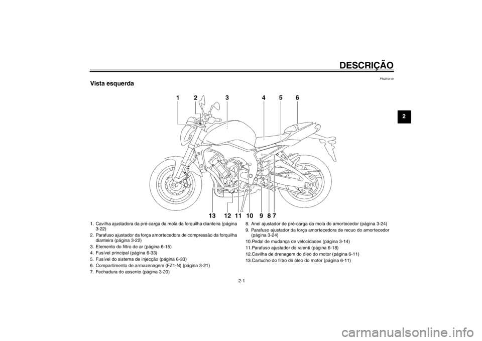 YAMAHA FZ1-N 2012  Manual de utilização (in Portuguese) DESCRIÇÃO
2-1
2
PAU10410
Vista esquerda1. Cavilha ajustadora da pré-carga da mola da forquilha dianteira (página 
3-22)
2. Parafuso ajustador da força amortecedora de compressão da forquilha  di