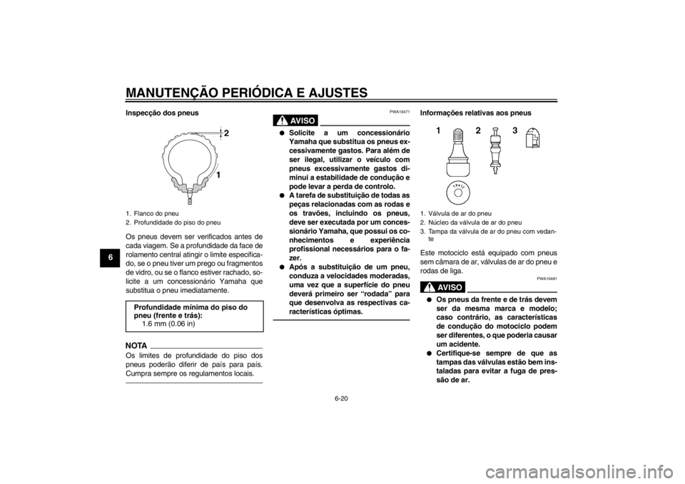 YAMAHA FZ1-N 2012  Manual de utilização (in Portuguese) MANUTENÇÃO PERIÓDICA E AJUSTES
6-20
6
Inspecção dos pneus
Os pneus devem ser verificados antes de
cada viagem. Se a profundidade da face de
rolamento central atingir o limite especifica-
do, se o