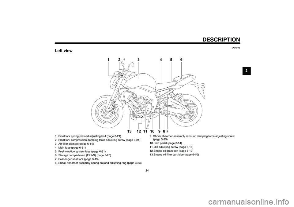 YAMAHA FZ1-N 2011  Owners Manual DESCRIPTION
2-1
2
EAU10410
Left view1. Front fork spring preload adjusting bolt (page 3-21)
2. Front fork compression damping force adjusting screw (page 3-21)
3. Air filter element (page 6-14)
4. Mai