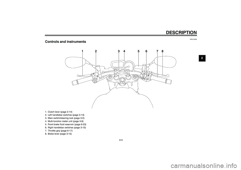 YAMAHA FZ1-N 2011  Owners Manual DESCRIPTION
2-3
2
EAU10430
Controls and instruments
1
2
3
4
6
5
7
8
1. Clutch lever (page 3-14)
2. Left handlebar switches (page 3-13)
3. Main switch/steering lock (page 3-2)
4. Multi-function meter u