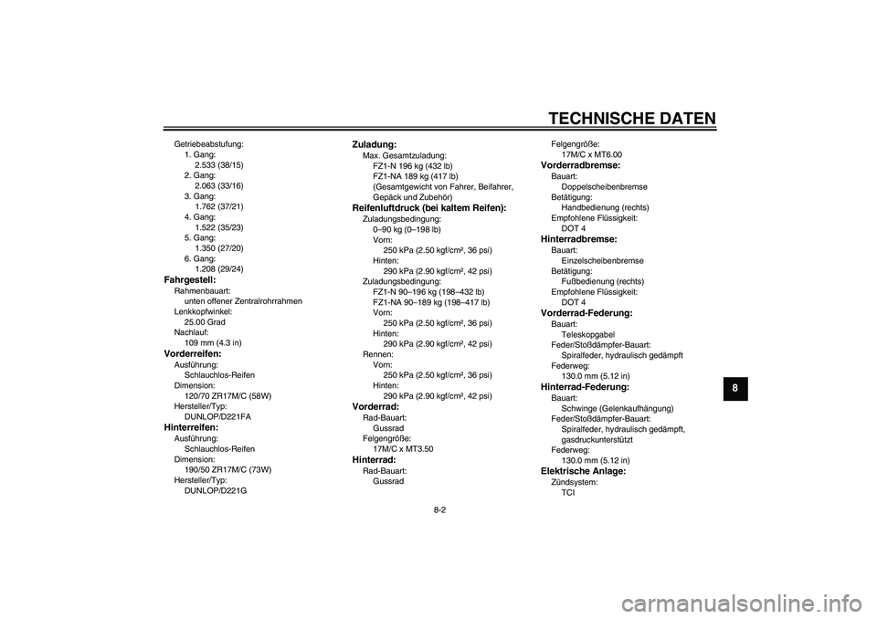 YAMAHA FZ1-N 2011 Betriebsanleitungen (in German) TECHNISCHE DATEN
8-2
8
Getriebeabstufung:
1. Gang:
2.533 (38/15)
2. Gang:
2.063 (33/16)
3. Gang:
1.762 (37/21)
4. Gang:
1.522 (35/23)
5. Gang:
1.350 (27/20)
6. Gang:
1.208 (29/24)Fahrgestell:Rahmenbau YAMAHA FZ1-N 2011 Betriebsanleitungen (in German) TECHNISCHE DATEN
8-2
8
Getriebeabstufung:
1. Gang:
2.533 (38/15)
2. Gang:
2.063 (33/16)
3. Gang:
1.762 (37/21)
4. Gang:
1.522 (35/23)
5. Gang:
1.350 (27/20)
6. Gang:
1.208 (29/24)Fahrgestell:Rahmenbau