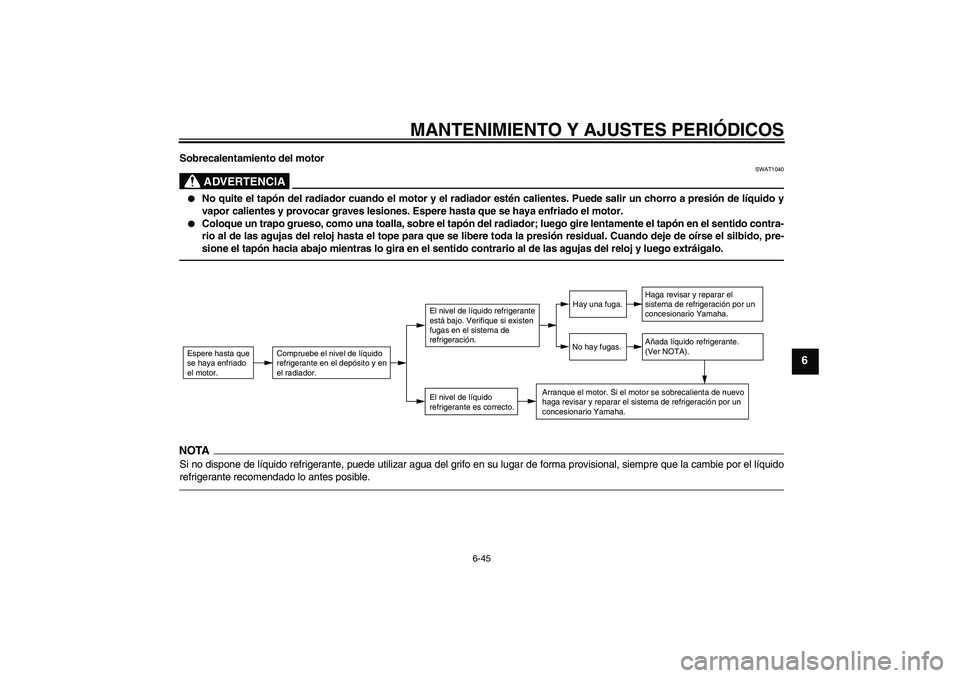 YAMAHA FZ1-N 2011 Manuale de Empleo (in Spanish) MANTENIMIENTO Y AJUSTES PERIÓDICOS
6-45
6
Sobrecalentamiento del motor
ADVERTENCIA
SWAT1040
No quite el tapón del radiador cuando el motor y el radiador estén calientes. Puede salir un chorro a p YAMAHA FZ1-N 2011 Manuale de Empleo (in Spanish) MANTENIMIENTO Y AJUSTES PERIÓDICOS
6-45
6
Sobrecalentamiento del motor
ADVERTENCIA
SWAT1040
No quite el tapón del radiador cuando el motor y el radiador estén calientes. Puede salir un chorro a p