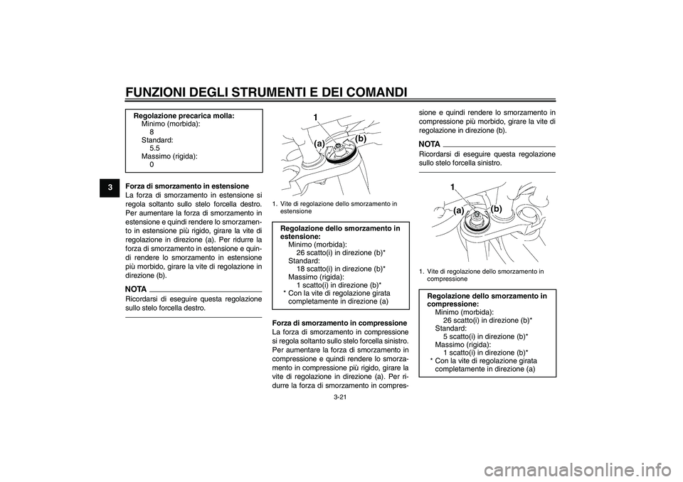 YAMAHA FZ1-N 2011  Manuale duso (in Italian) FUNZIONI DEGLI STRUMENTI E DEI COMANDI
3-21
3
Forza di smorzamento in estensione
La forza di smorzamento in estensione si
regola soltanto sullo stelo forcella destro.
Per aumentare la forza di smorzam