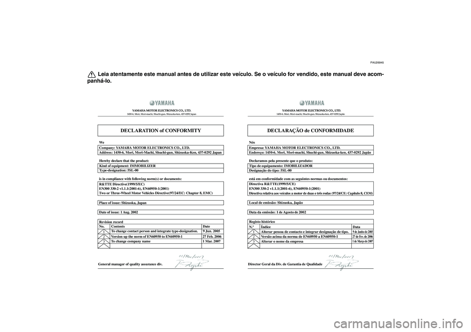 YAMAHA FZ1-N 2011 Manual de utilização (in Portuguese) PAU26945
Leia atentamente este manual antes de utilizar este veículo. Se o veículo for vendido, este manual deve acom-
panhá-lo.
DECLARATION of CONFORMITY
YAMAHA MOTOR ELECTRONICS CO., LTD.1450-6, YAMAHA FZ1-N 2011 Manual de utilização (in Portuguese) PAU26945
Leia atentamente este manual antes de utilizar este veículo. Se o veículo for vendido, este manual deve acom-
panhá-lo.
DECLARATION of CONFORMITY
YAMAHA MOTOR ELECTRONICS CO., LTD.1450-6,
