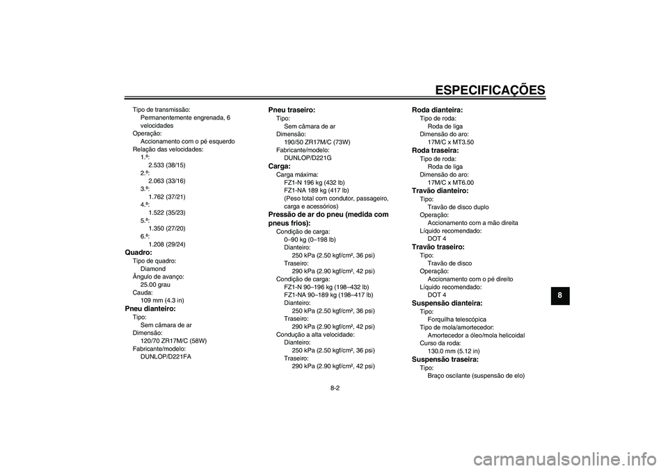 YAMAHA FZ1-N 2011  Manual de utilização (in Portuguese) ESPECIFICAÇÕES
8-2
8
Tipo de transmissão:
Permanentemente engrenada, 6 
velocidades
Operação:
Accionamento com o pé esquerdo
Relação das velocidades:
1.ª:
2.533 (38/15)
2.ª:
2.063 (33/16)
3.