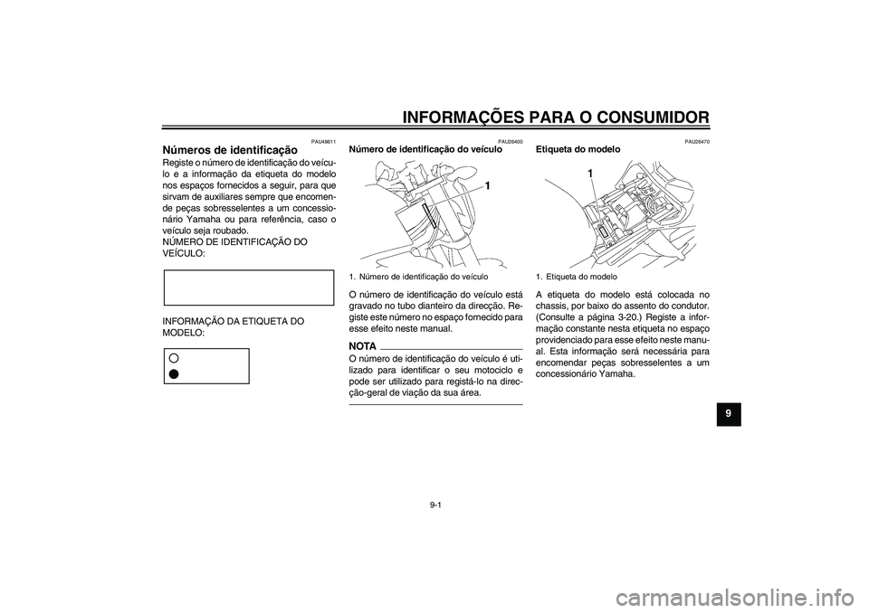 YAMAHA FZ1-N 2011  Manual de utilização (in Portuguese) INFORMAÇÕES PARA O CONSUMIDOR
9-1
9
PAU48611
Números de identificação Registe o número de identificação do veícu-
lo e a informação da etiqueta do modelo
nos espaços fornecidos a seguir, p