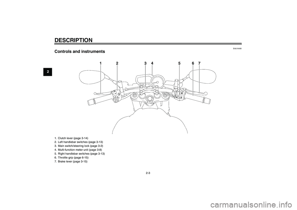 YAMAHA FZ1-N 2010  Owners Manual DESCRIPTION
2-3
2
EAU10430
Controls and instruments
1
2
3
4
5
6
7
1. Clutch lever (page 3-14)
2. Left handlebar switches (page 3-13)
3. Main switch/steering lock (page 3-2)
4. Multi-function meter uni