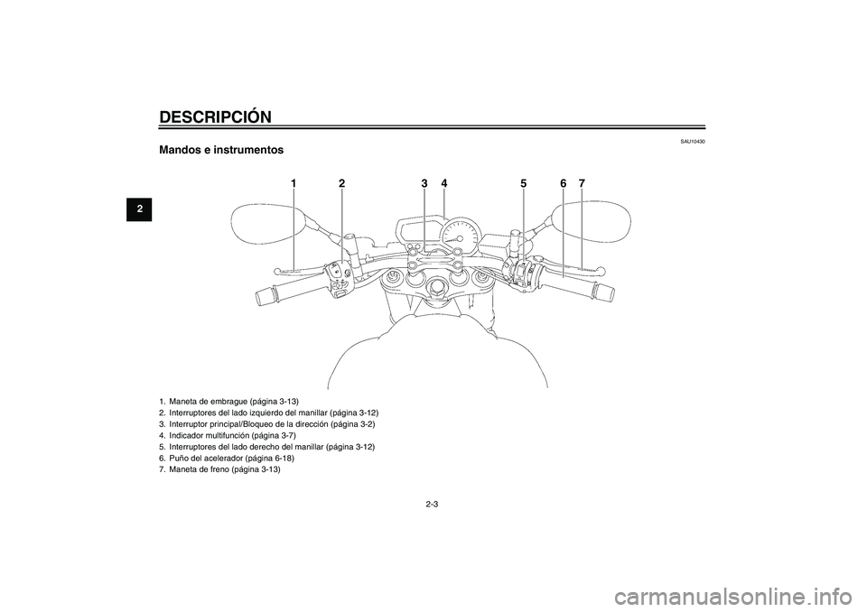 YAMAHA FZ1-N 2010  Manuale de Empleo (in Spanish) DESCRIPCIÓN
2-3
2
SAU10430
Mandos e instrumentos
1
2
3
4
5
6
7
1. Maneta de embrague (página 3-13)
2. Interruptores del lado izquierdo del manillar (página 3-12)
3. Interruptor principal/Bloqueo de