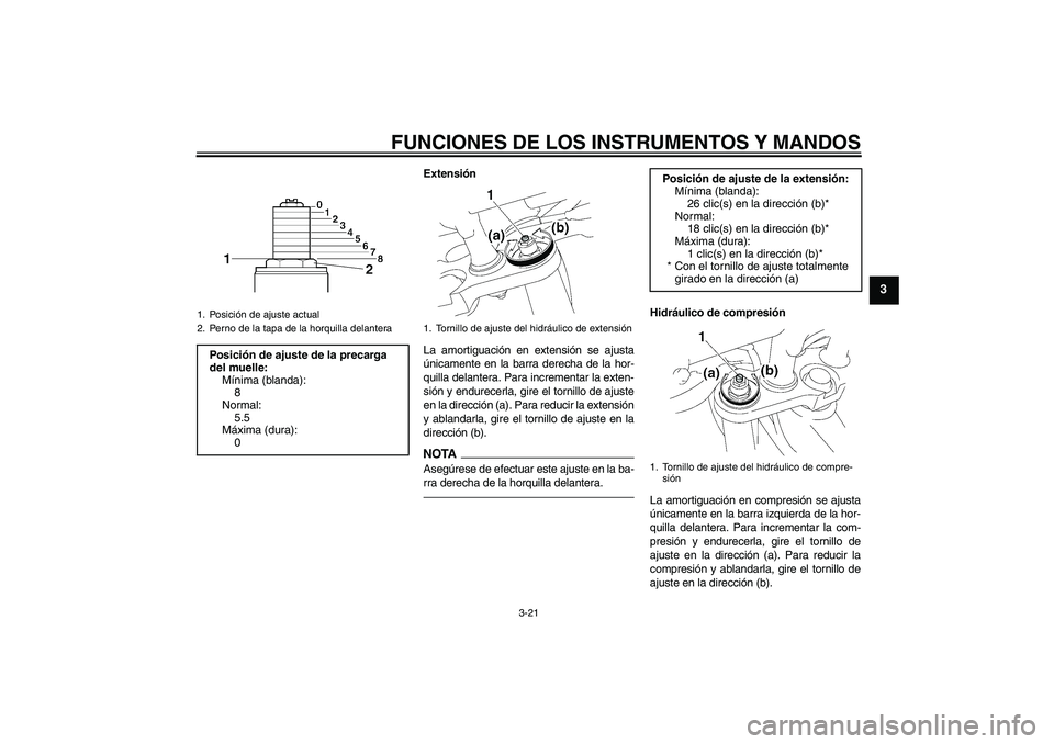 YAMAHA FZ1-N 2010  Manuale de Empleo (in Spanish) FUNCIONES DE LOS INSTRUMENTOS Y MANDOS
3-21
3
Extensión
La amortiguación en extensión se ajusta
únicamente en la barra derecha de la hor-
quilla delantera. Para incrementar la exten-
sión y endur