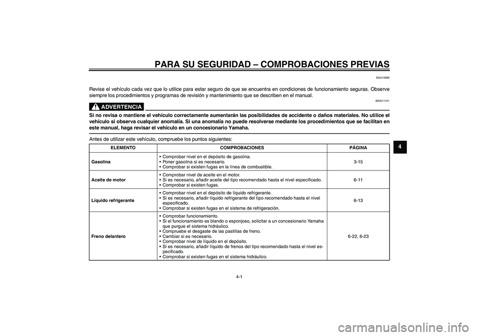 YAMAHA FZ1-N 2010  Manuale de Empleo (in Spanish) PARA SU SEGURIDAD – COMPROBACIONES PREVIAS
4-1
4
SAU15596
Revise el vehículo cada vez que lo utilice para estar seguro de que se encuentra en condiciones de funcionamiento seguras. Observe
siempre 
