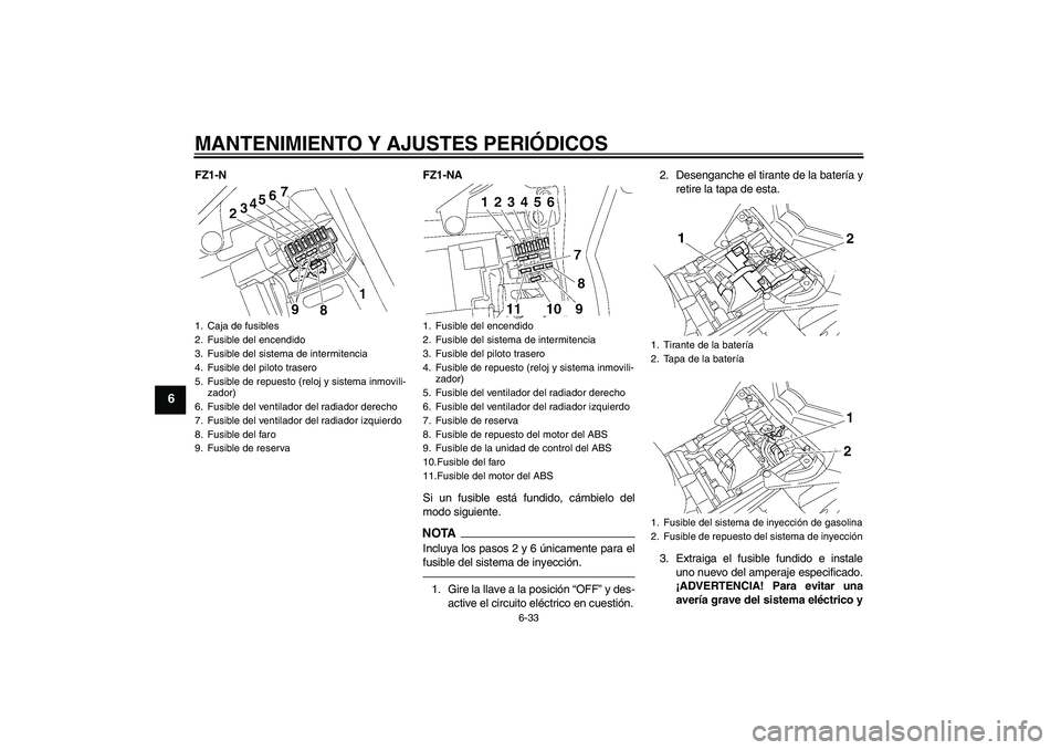 YAMAHA FZ1-N 2010 Manuale de Empleo (in Spanish) MANTENIMIENTO Y AJUSTES PERIÓDICOS
6-33
6
FZ1-N FZ1-NA
Si un fusible está fundido, cámbielo del
modo siguiente.
NOTAIncluya los pasos 2 y 6 únicamente para el
fusible del sistema de inyección.1. YAMAHA FZ1-N 2010 Manuale de Empleo (in Spanish) MANTENIMIENTO Y AJUSTES PERIÓDICOS
6-33
6
FZ1-N FZ1-NA
Si un fusible está fundido, cámbielo del
modo siguiente.
NOTAIncluya los pasos 2 y 6 únicamente para el
fusible del sistema de inyección.1.