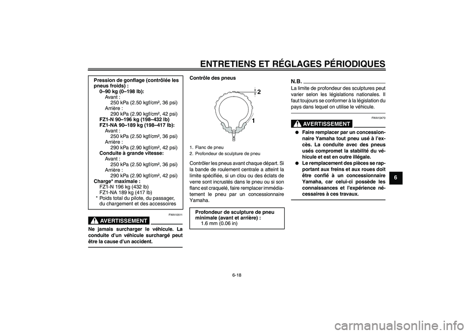 YAMAHA FZ1-N 2010 Notices Demploi (in French) ENTRETIENS ET RÉGLAGES PÉRIODIQUES
6-18
6
AVERTISSEMENT
FWA10511
Ne jamais surcharger le véhicule. La
conduite d’un véhicule surchargé peut
être la cause d’un accident.
Contrôle des pneus
C YAMAHA FZ1-N 2010 Notices Demploi (in French) ENTRETIENS ET RÉGLAGES PÉRIODIQUES
6-18
6
AVERTISSEMENT
FWA10511
Ne jamais surcharger le véhicule. La
conduite d’un véhicule surchargé peut
être la cause d’un accident.
Contrôle des pneus
C