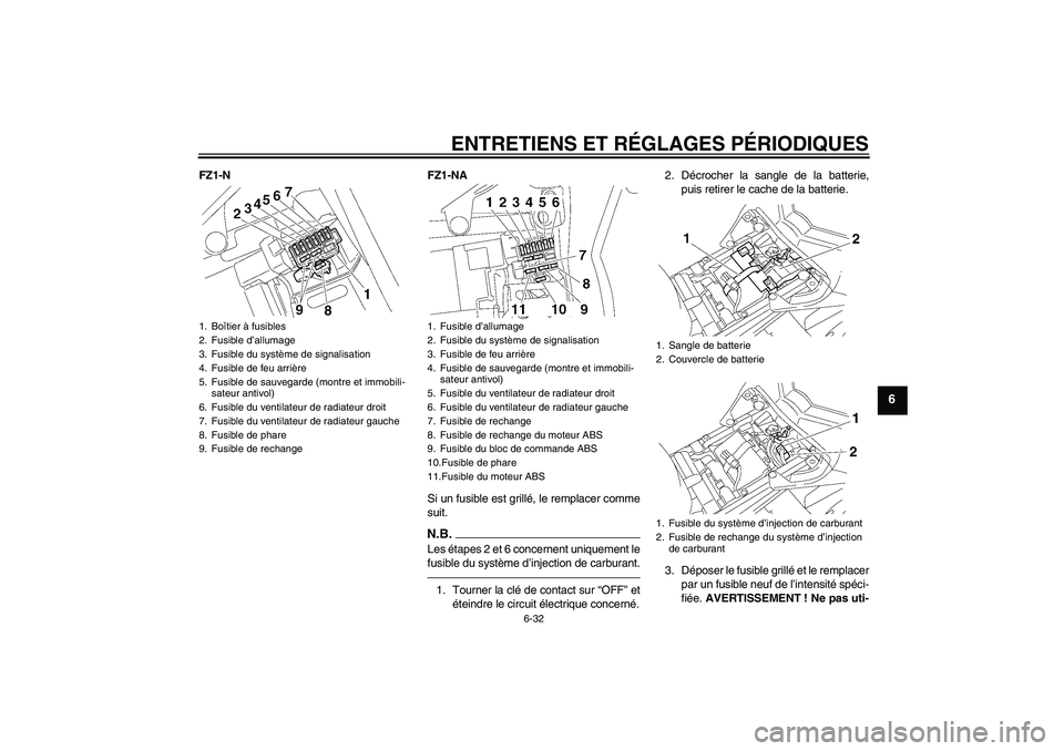 YAMAHA FZ1-N 2010 Notices Demploi (in French) ENTRETIENS ET RÉGLAGES PÉRIODIQUES
6-32
6
FZ1-N FZ1-NA
Si un fusible est grillé, le remplacer comme
suit.
N.B.Les étapes 2 et 6 concernent uniquement le
fusible du système d’injection de carbur YAMAHA FZ1-N 2010 Notices Demploi (in French) ENTRETIENS ET RÉGLAGES PÉRIODIQUES
6-32
6
FZ1-N FZ1-NA
Si un fusible est grillé, le remplacer comme
suit.
N.B.Les étapes 2 et 6 concernent uniquement le
fusible du système d’injection de carbur