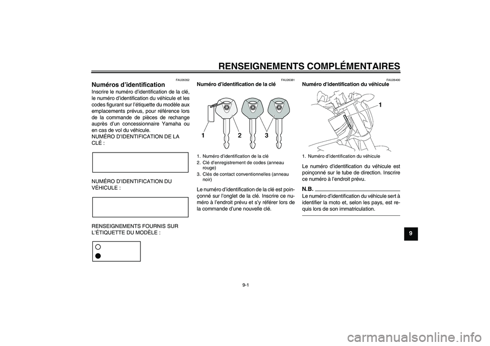YAMAHA FZ1-N 2010 Notices Demploi (in French) RENSEIGNEMENTS COMPLÉMENTAIRES
9-1
9
FAU26352
Numéros d’identification Inscrire le numéro d’identification de la clé,
le numéro d’identification du véhicule et les
codes figurant sur l’ YAMAHA FZ1-N 2010 Notices Demploi (in French) RENSEIGNEMENTS COMPLÉMENTAIRES
9-1
9
FAU26352
Numéros d’identification Inscrire le numéro d’identification de la clé,
le numéro d’identification du véhicule et les
codes figurant sur l’