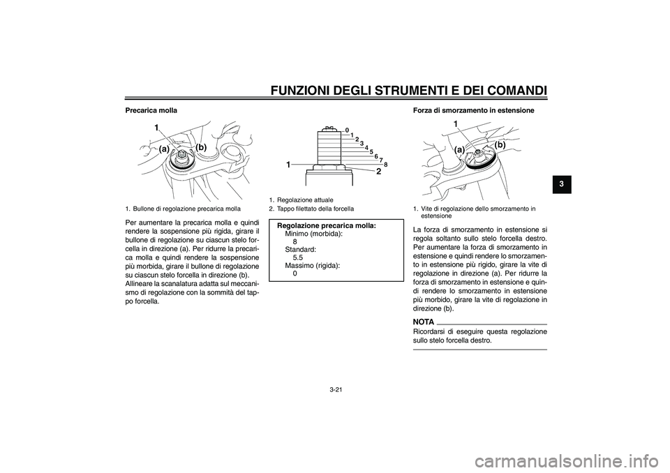 YAMAHA FZ1-N 2010 Manuale duso (in Italian) FUNZIONI DEGLI STRUMENTI E DEI COMANDI
3-21
3
Precarica molla
Per aumentare la precarica molla e quindi
rendere la sospensione più rigida, girare il
bullone di regolazione su ciascun stelo for-
cella YAMAHA FZ1-N 2010 Manuale duso (in Italian) FUNZIONI DEGLI STRUMENTI E DEI COMANDI
3-21
3
Precarica molla
Per aumentare la precarica molla e quindi
rendere la sospensione più rigida, girare il
bullone di regolazione su ciascun stelo for-
cella