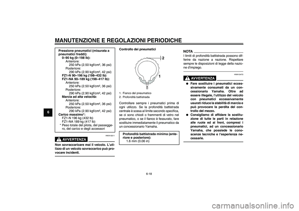 YAMAHA FZ1-N 2010 Manuale duso (in Italian) MANUTENZIONE E REGOLAZIONI PERIODICHE
6-18
6
AVVERTENZA
HWA10511
Non sovraccaricare mai il veicolo. L’uti-
lizzo di un veicolo sovraccarico può pro-
vocare incidenti.
Controllo dei pneumatici
Contr YAMAHA FZ1-N 2010 Manuale duso (in Italian) MANUTENZIONE E REGOLAZIONI PERIODICHE
6-18
6
AVVERTENZA
HWA10511
Non sovraccaricare mai il veicolo. L’uti-
lizzo di un veicolo sovraccarico può pro-
vocare incidenti.
Controllo dei pneumatici
Contr