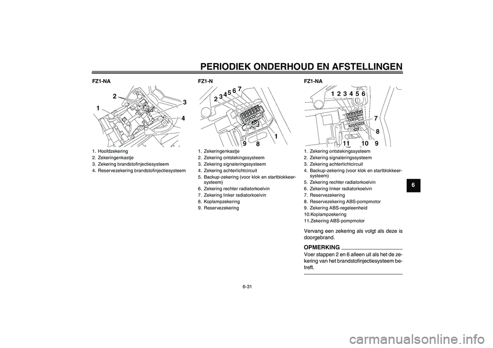YAMAHA FZ1-N 2010  Instructieboekje (in Dutch) PERIODIEK ONDERHOUD EN AFSTELLINGEN
6-31
6
FZ1-NA FZ1-N FZ1-NA
Vervang een zekering als volgt als deze is
doorgebrand.
OPMERKINGVoer stappen 2 en 6 alleen uit als het de ze-
kering van het brandstofin