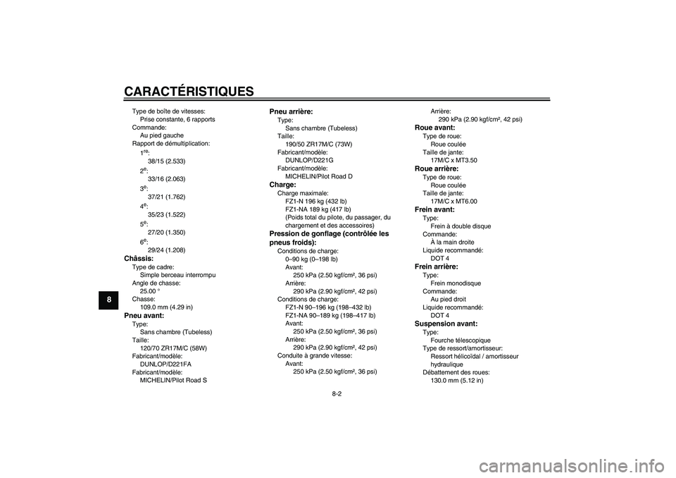 YAMAHA FZ1-N 2009 Notices Demploi (in French) CARACTÉRISTIQUES
8-2
8
Type de boîte de vitesses:
Prise constante, 6 rapports
Commande:
Au pied gauche
Rapport de démultiplication:
1
re:
38/15 (2.533)
2e:
33/16 (2.063)
3e:
37/21 (1.762)
4e:
35/23 YAMAHA FZ1-N 2009 Notices Demploi (in French) CARACTÉRISTIQUES
8-2
8
Type de boîte de vitesses:
Prise constante, 6 rapports
Commande:
Au pied gauche
Rapport de démultiplication:
1
re:
38/15 (2.533)
2e:
33/16 (2.063)
3e:
37/21 (1.762)
4e:
35/23