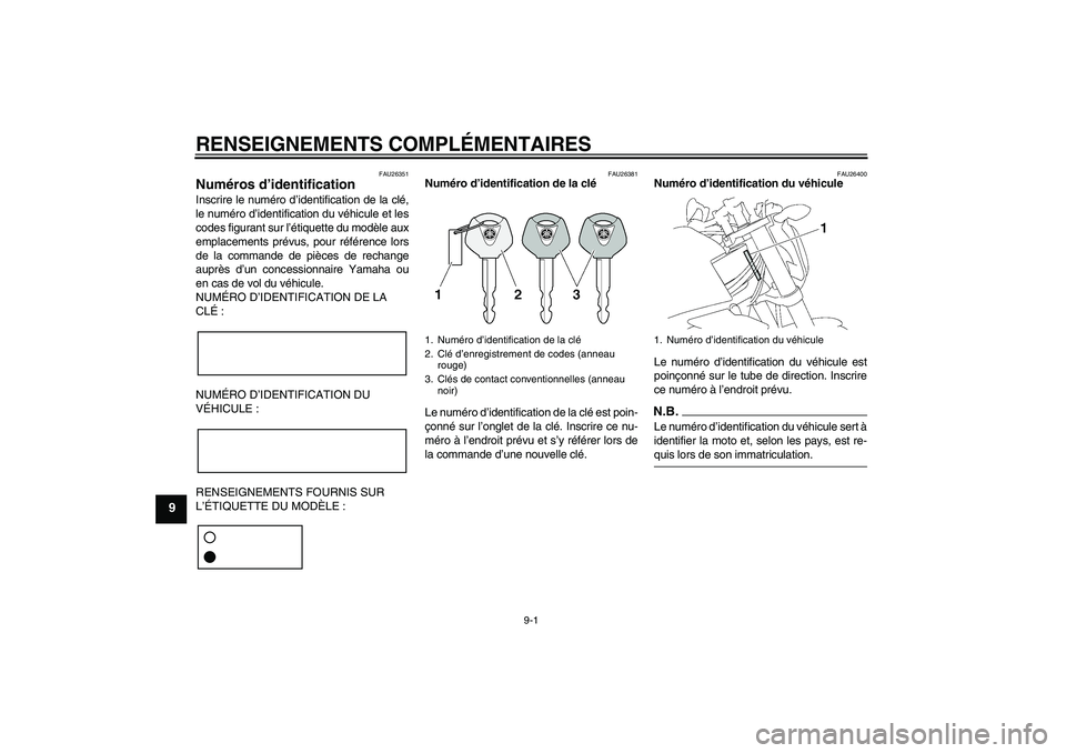 YAMAHA FZ1-N 2009 Notices Demploi (in French) RENSEIGNEMENTS COMPLÉMENTAIRES
9-1
9
FAU26351
Numéros d’identification Inscrire le numéro d’identification de la clé,
le numéro d’identification du véhicule et les
codes figurant sur l’ YAMAHA FZ1-N 2009 Notices Demploi (in French) RENSEIGNEMENTS COMPLÉMENTAIRES
9-1
9
FAU26351
Numéros d’identification Inscrire le numéro d’identification de la clé,
le numéro d’identification du véhicule et les
codes figurant sur l’
