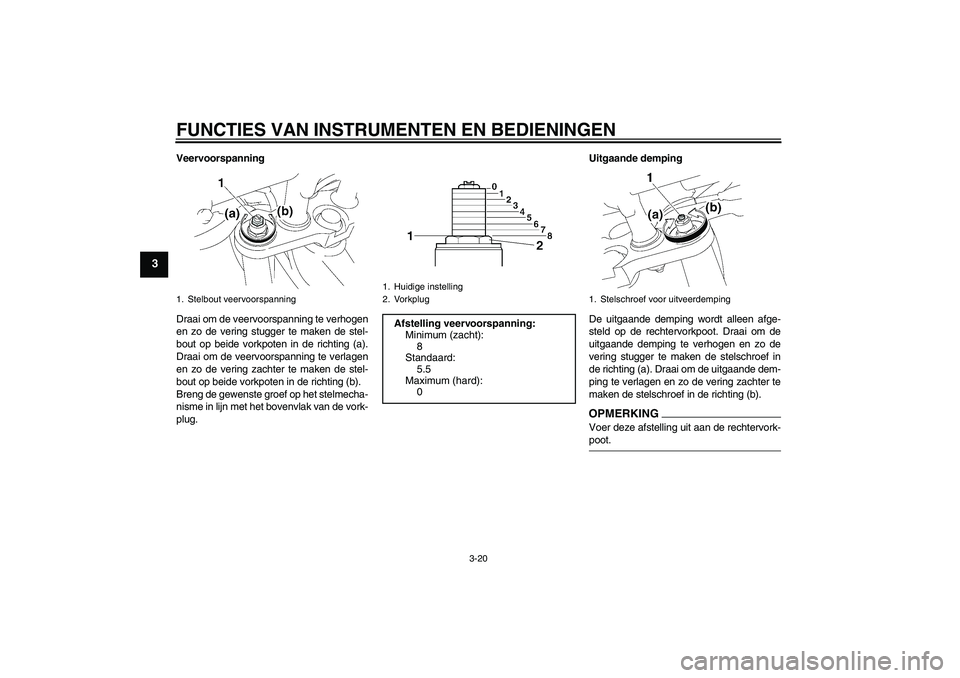 YAMAHA FZ1-N 2009 Instructieboekje (in Dutch) FUNCTIES VAN INSTRUMENTEN EN BEDIENINGEN
3-20
3
Veervoorspanning
Draai om de veervoorspanning te verhogen
en zo de vering stugger te maken de stel-
bout op beide vorkpoten in de richting (a).
Draai om YAMAHA FZ1-N 2009 Instructieboekje (in Dutch) FUNCTIES VAN INSTRUMENTEN EN BEDIENINGEN
3-20
3
Veervoorspanning
Draai om de veervoorspanning te verhogen
en zo de vering stugger te maken de stel-
bout op beide vorkpoten in de richting (a).
Draai om