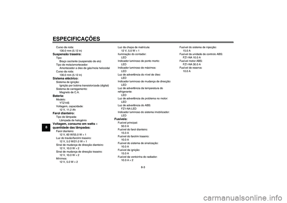 YAMAHA FZ1-N 2009 Manual de utilização (in Portuguese) ESPECIFICAÇÕES
8-3
8
Curso da roda:
130.0 mm (5.12 in)Suspensão traseira:Tipo:
Braço oscilante (suspensão de elo)
Tipo de mola/amortecedor:
Amortecedor a óleo de gás/mola helicoidal
Curso da ro YAMAHA FZ1-N 2009 Manual de utilização (in Portuguese) ESPECIFICAÇÕES
8-3
8
Curso da roda:
130.0 mm (5.12 in)Suspensão traseira:Tipo:
Braço oscilante (suspensão de elo)
Tipo de mola/amortecedor:
Amortecedor a óleo de gás/mola helicoidal
Curso da ro