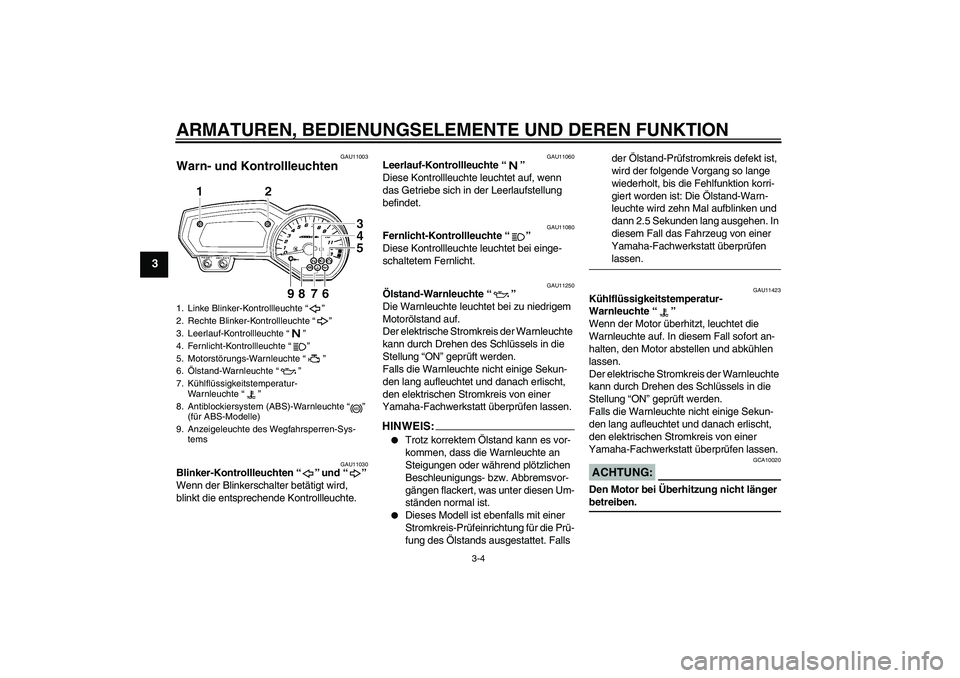 YAMAHA FZ1-N 2008 Betriebsanleitungen (in German) ARMATUREN, BEDIENUNGSELEMENTE UND DEREN FUNKTION
3-4
3
GAU11003
Warn- und Kontrollleuchten
GAU11030
Blinker-Kontrollleuchten“” und“”
Wenn der Blinkerschalter betätigt wird,
blinkt die ents YAMAHA FZ1-N 2008 Betriebsanleitungen (in German) ARMATUREN, BEDIENUNGSELEMENTE UND DEREN FUNKTION
3-4
3
GAU11003
Warn- und Kontrollleuchten
GAU11030
Blinker-Kontrollleuchten“” und“”
Wenn der Blinkerschalter betätigt wird,
blinkt die ents