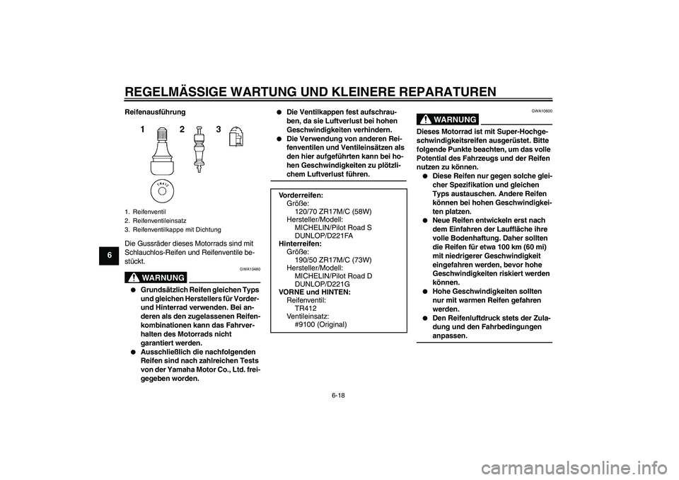YAMAHA FZ1-N 2008 Betriebsanleitungen (in German) REGELMÄSSIGE WARTUNG UND KLEINERE REPARATUREN
6-18
6
Reifenausführung
Die Gussräder dieses Motorrads sind mit
Schlauchlos-Reifen und Reifenventile be-
stückt.
WARNUNG
GWA10480
Grundsätzlich Re YAMAHA FZ1-N 2008 Betriebsanleitungen (in German) REGELMÄSSIGE WARTUNG UND KLEINERE REPARATUREN
6-18
6
Reifenausführung
Die Gussräder dieses Motorrads sind mit
Schlauchlos-Reifen und Reifenventile be-
stückt.
WARNUNG
GWA10480
Grundsätzlich Re