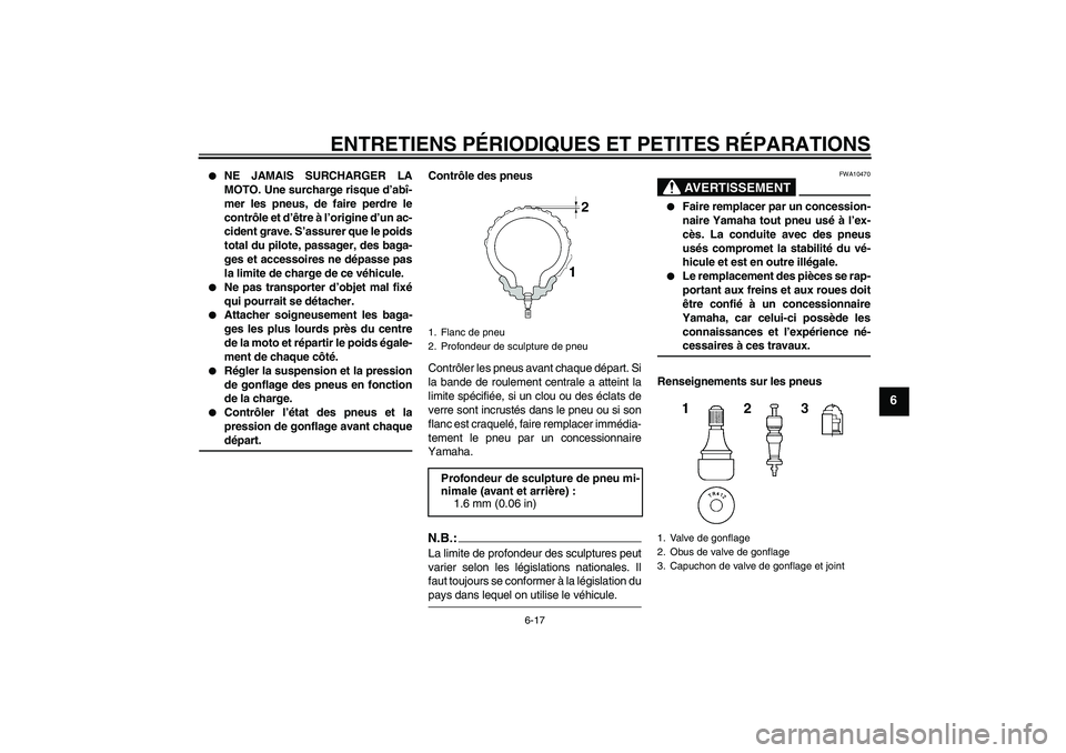 YAMAHA FZ1-N 2008 Notices Demploi (in French) ENTRETIENS PÉRIODIQUES ET PETITES RÉPARATIONS
6-17
6
NE JAMAIS SURCHARGER LA
MOTO. Une surcharge risque d’abî-
mer les pneus, de faire perdre le
contrôle et d’être à l’origine d’un ac- YAMAHA FZ1-N 2008 Notices Demploi (in French) ENTRETIENS PÉRIODIQUES ET PETITES RÉPARATIONS
6-17
6
NE JAMAIS SURCHARGER LA
MOTO. Une surcharge risque d’abî-
mer les pneus, de faire perdre le
contrôle et d’être à l’origine d’un ac-