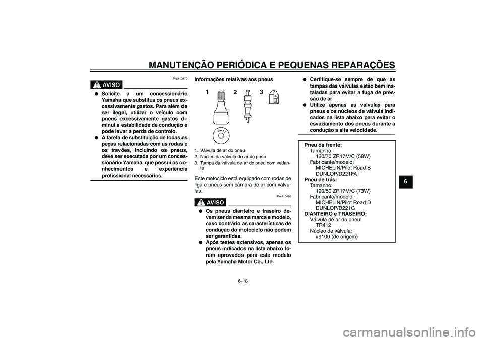 YAMAHA FZ1-N 2008 Manual de utilização (in Portuguese) MANUTENÇÃO PERIÓDICA E PEQUENAS REPARAÇÕES
6-18
6
AV I S O
PWA10470
Solicite a um concessionário
Yamaha que substitua os pneus ex-
cessivamente gastos. Para além de
ser ilegal, utilizar o ve YAMAHA FZ1-N 2008 Manual de utilização (in Portuguese) MANUTENÇÃO PERIÓDICA E PEQUENAS REPARAÇÕES
6-18
6
AV I S O
PWA10470
Solicite a um concessionário
Yamaha que substitua os pneus ex-
cessivamente gastos. Para além de
ser ilegal, utilizar o ve