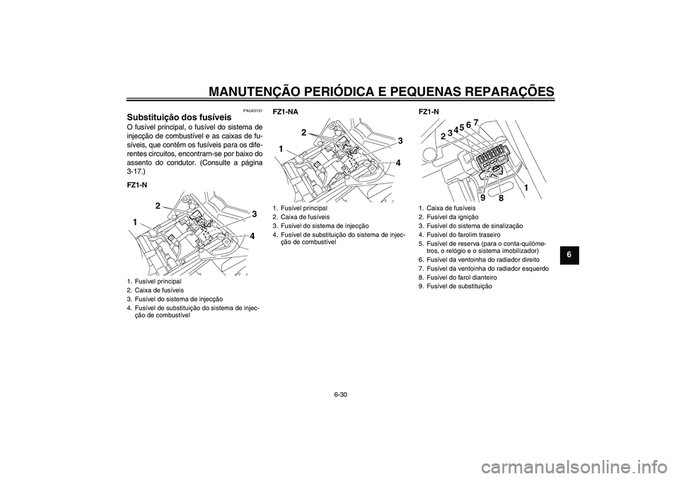 YAMAHA FZ1-N 2008 Manual de utilização (in Portuguese) MANUTENÇÃO PERIÓDICA E PEQUENAS REPARAÇÕES
6-30
6
PAU43131
Substituição dos fusíveis O fusível principal, o fusível do sistema de
injecção de combustível e as caixas de fu-
síveis, que c YAMAHA FZ1-N 2008 Manual de utilização (in Portuguese) MANUTENÇÃO PERIÓDICA E PEQUENAS REPARAÇÕES
6-30
6
PAU43131
Substituição dos fusíveis O fusível principal, o fusível do sistema de
injecção de combustível e as caixas de fu-
síveis, que c