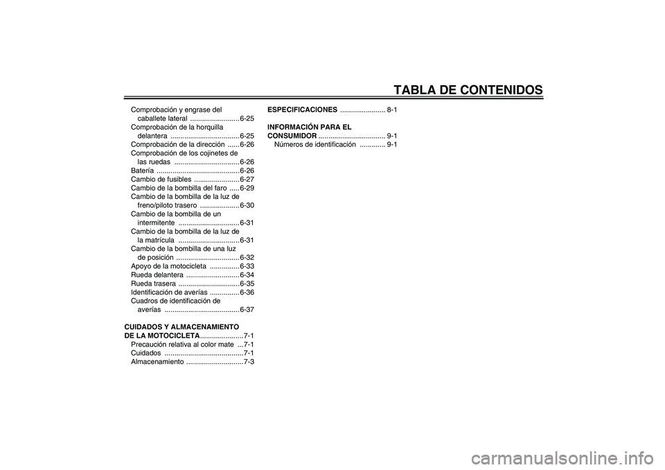 YAMAHA FZ1-N 2007 Manuale de Empleo (in Spanish) TABLA DE CONTENIDOS
Comprobación y engrase del
caballete lateral ......................... 6-25
Comprobación de la horquilla
delantera ................................... 6-25
Comprobación de la YAMAHA FZ1-N 2007 Manuale de Empleo (in Spanish) TABLA DE CONTENIDOS
Comprobación y engrase del
caballete lateral ......................... 6-25
Comprobación de la horquilla
delantera ................................... 6-25
Comprobación de la