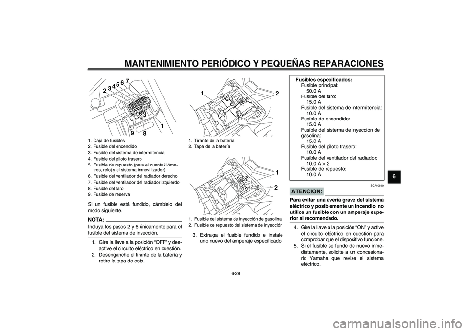 YAMAHA FZ1-N 2007  Manuale de Empleo (in Spanish) MANTENIMIENTO PERIÓDICO Y PEQUEÑAS REPARACIONES
6-28
6
Si un fusible está fundido, cámbielo del
modo siguiente.NOTA:Incluya los pasos 2 y 6 únicamente para elfusible del sistema de inyección.
1.
