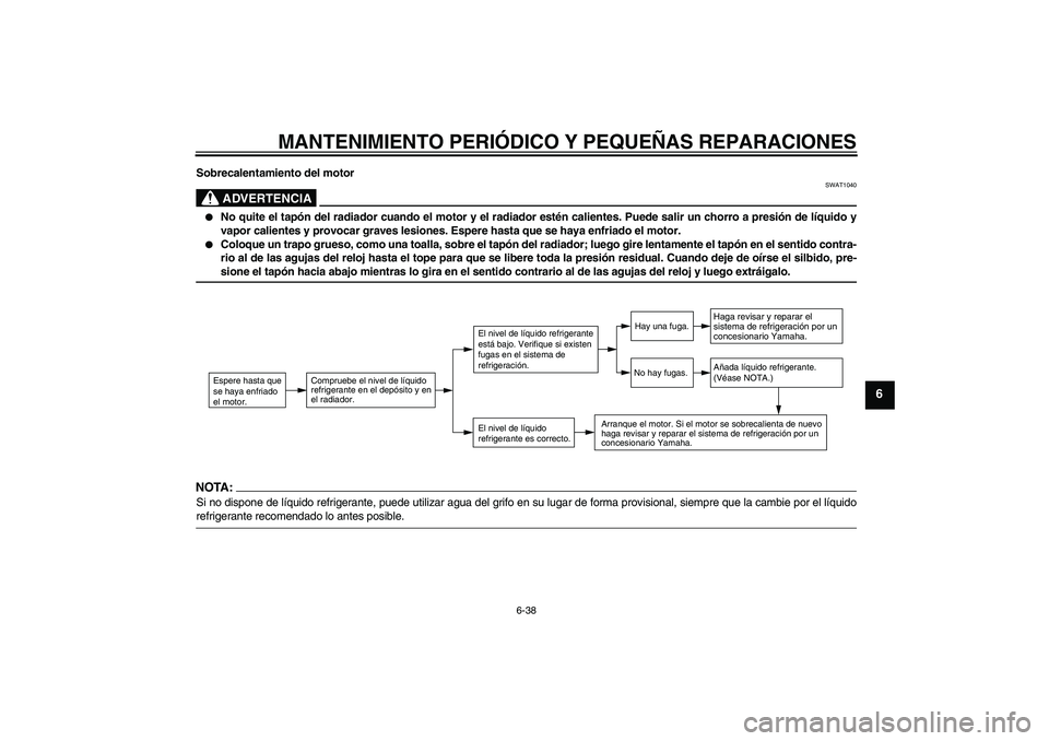 YAMAHA FZ1-N 2007 Manuale de Empleo (in Spanish) MANTENIMIENTO PERIÓDICO Y PEQUEÑAS REPARACIONES
6-38
6
Sobrecalentamiento del motor
ADVERTENCIA
SWAT1040
No quite el tapón del radiador cuando el motor y el radiador estén calientes. Puede salir YAMAHA FZ1-N 2007 Manuale de Empleo (in Spanish) MANTENIMIENTO PERIÓDICO Y PEQUEÑAS REPARACIONES
6-38
6
Sobrecalentamiento del motor
ADVERTENCIA
SWAT1040
No quite el tapón del radiador cuando el motor y el radiador estén calientes. Puede salir