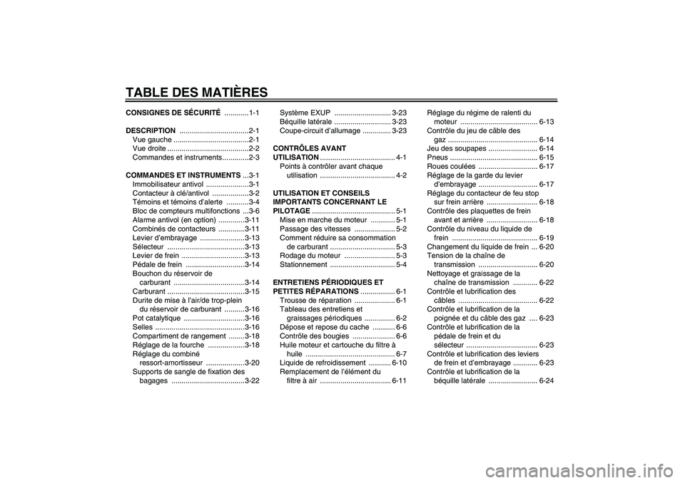YAMAHA FZ1-N 2007 Notices Demploi (in French) TABLE DES MATIÈRESCONSIGNES DE SÉCURITÉ ............1-1
DESCRIPTION ..................................2-1
Vue gauche .....................................2-1
Vue droite ............................ YAMAHA FZ1-N 2007 Notices Demploi (in French) TABLE DES MATIÈRESCONSIGNES DE SÉCURITÉ ............1-1
DESCRIPTION ..................................2-1
Vue gauche .....................................2-1
Vue droite ............................
