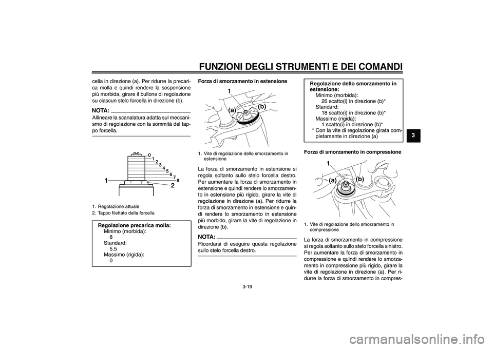 YAMAHA FZ1-N 2007 Manuale duso (in Italian) FUNZIONI DEGLI STRUMENTI E DEI COMANDI
3-19
3
cella in direzione (a). Per ridurre la precari-
ca molla e quindi rendere la sospensione
più morbida, girare il bullone di regolazione
su ciascun stelo f YAMAHA FZ1-N 2007 Manuale duso (in Italian) FUNZIONI DEGLI STRUMENTI E DEI COMANDI
3-19
3
cella in direzione (a). Per ridurre la precari-
ca molla e quindi rendere la sospensione
più morbida, girare il bullone di regolazione
su ciascun stelo f
