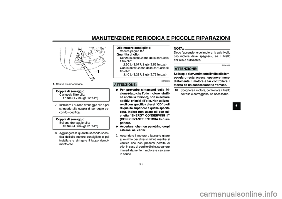YAMAHA FZ1-N 2007 Manuale duso (in Italian) MANUTENZIONE PERIODICA E PICCOLE RIPARAZIONI
6-9
6
7. Installare il bullone drenaggio olio e poi
stringerlo alla coppia di serraggio se-
condo specifica.
8. Aggiungere la quantità secondo speci-
fica YAMAHA FZ1-N 2007 Manuale duso (in Italian) MANUTENZIONE PERIODICA E PICCOLE RIPARAZIONI
6-9
6
7. Installare il bullone drenaggio olio e poi
stringerlo alla coppia di serraggio se-
condo specifica.
8. Aggiungere la quantità secondo speci-
fica