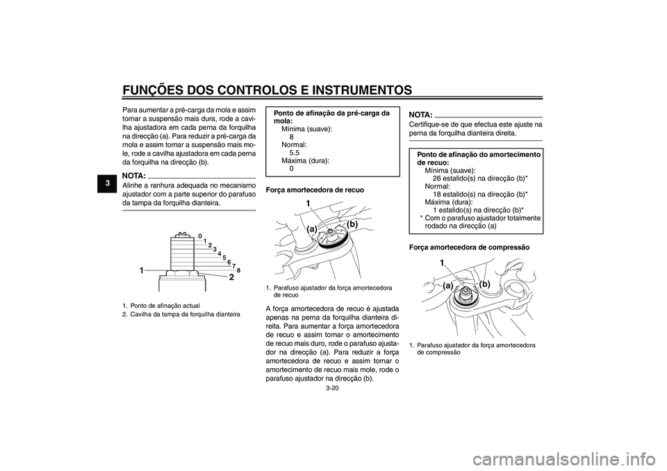 YAMAHA FZ1-N 2007  Manual de utilização (in Portuguese) FUNÇÕES DOS CONTROLOS E INSTRUMENTOS
3-20
3
Para aumentar a pré-carga da mola e assim
tornar a suspensão mais dura, rode a cavi-
lha ajustadora em cada perna da forquilha
na direcção (a). Para r